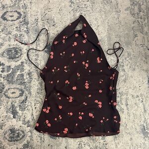 Mango Black Blouse with Pink Floral Design